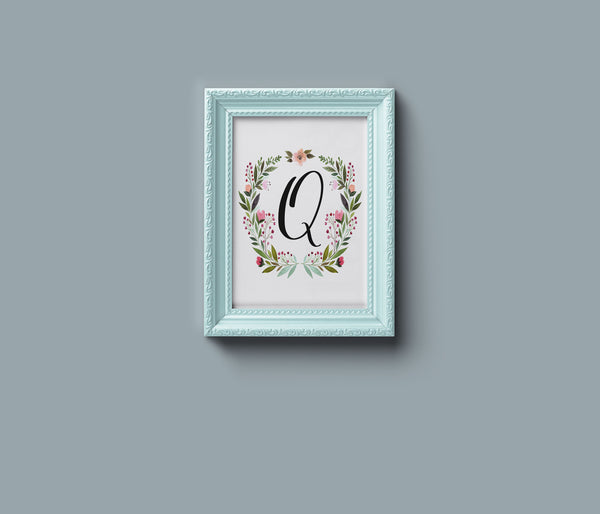Initial Print with Floral Wreath- Digital Download